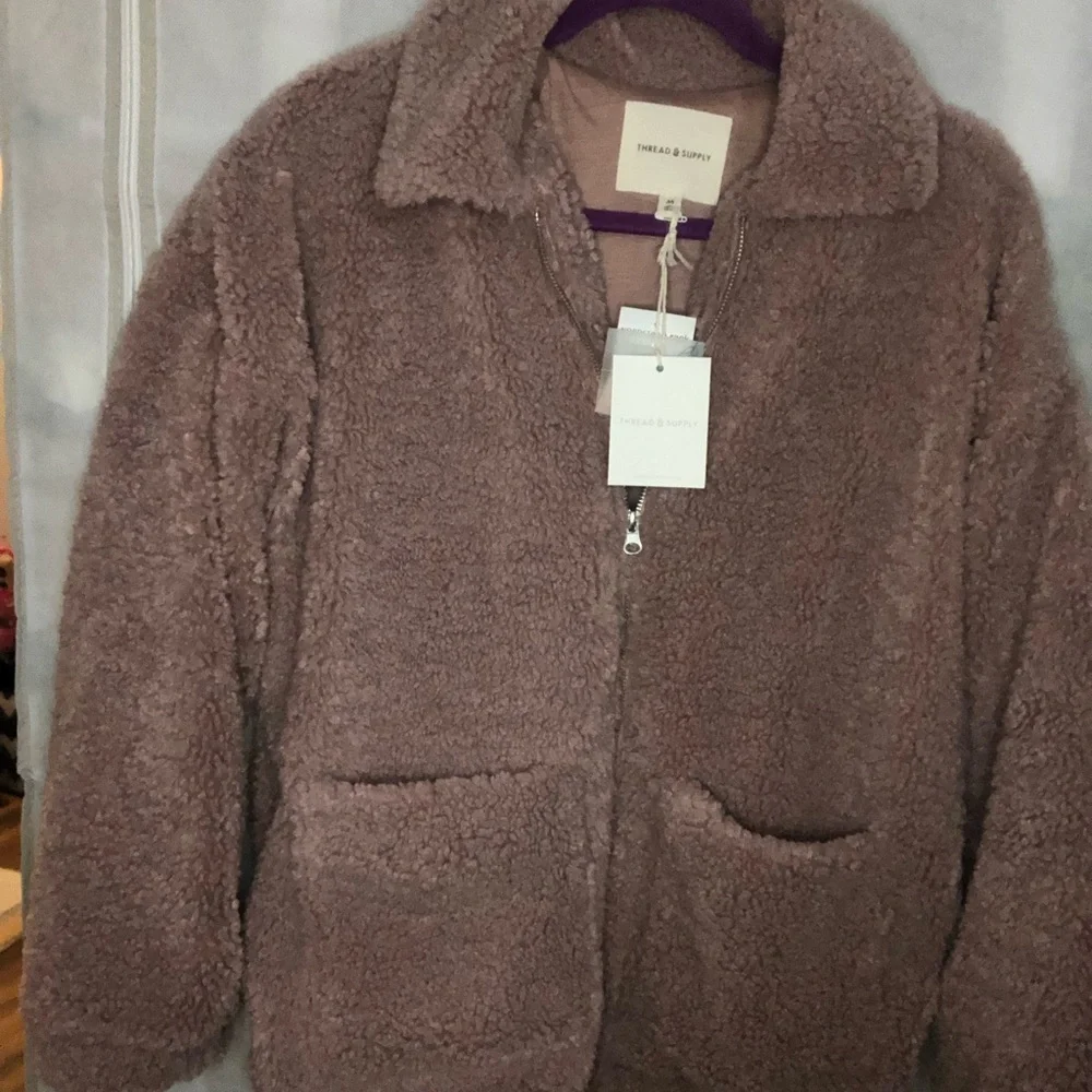 Thread & Supply Teddy Sherpa Full Zip Jacket Coat in Color Adobe Rose - Picture 4 of 12